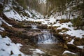 Snow covered trees in winter forest with waterfall Royalty Free Stock Photo