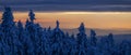Snow-covered trees in winter at sunset in the foothills of the Ural mountains Royalty Free Stock Photo
