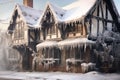 a snow-covered tudor house with icicles hanging from its eaves