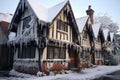 a snow-covered tudor house with icicles hanging from its eaves