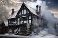 snow-covered tudor house with smoke curling from its chimney Royalty Free Stock Photo