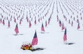 Snow-Covered Veteran Cemetery with American Flags Royalty Free Stock Photo