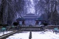 The snow covered view of Shalimar Bagh Mughal Garden during winter season, Srinagar, Kashmir, India