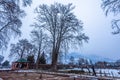 The snow covered view of Shalimar Bagh Mughal Garden during winter season, Srinagar, Kashmir, India