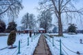 The snow covered view of Shalimar Bagh Mughal Garden during winter season, Srinagar, Kashmir, India