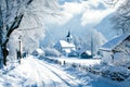 snow-covered village with a church