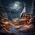 Snow-covered village glows under a starlit sky. AI Generative Royalty Free Stock Photo