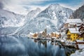 The snow covered village of Hallstatt in the Austrian Alps Royalty Free Stock Photo