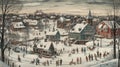 Snow covered village scene greeting card style