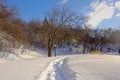Snow covered walking pathway along Ottawa river,