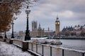 The snow covered Westminster Palace and Big Ben tower in London