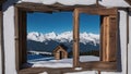 snow covered window _An outhouse with a window on the alpine landscape. The outhouse is wooden