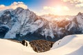 Snow-covered winter Dolomite Alps at sunset, Italy Royalty Free Stock Photo