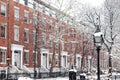 Snow covered winter street scene in Manhattan New York City NYC