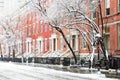 Snow covered winter street scene in New York City Royalty Free Stock Photo