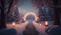 Snow covered winter wonderland. Icy snowflakes and Christmas lights. Wintery trees and snowy lantern paths. Holiday background.