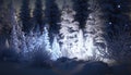 Snow covered winter wonderland. Icy snowflakes and Christmas lights. Wintery trees and snowy paths. Holiday background.