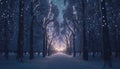 Snow covered winter wonderland. Icy snowflakes and Christmas lights. Wintery trees and snowy paths. Holiday background.