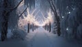Snow covered winter wonderland. Icy snowflakes and Christmas lights. Wintery trees and snowy paths. Holiday background.