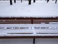 Snow covered wooden bench in winter park Royalty Free Stock Photo