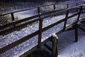 Snow-covered wooden bicycle and walking bridge with railing over a frozen ditch Royalty Free Stock Photo