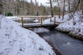 Snow-covered wooden bridge over a small river. Royalty Free Stock Photo