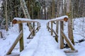 Snow-covered wooden bridge over a small river. Royalty Free Stock Photo