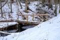 Snow-covered wooden bridge over a small river. Royalty Free Stock Photo