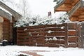 Snow-covered wooden fence in the countryside. Winter background Royalty Free Stock Photo