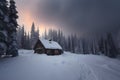 snow covered wooden house in mountains at winter sunrise, neural network generated image