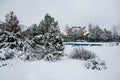 Snow-covered yard with a pool in a beautiful neighborhood in Bucharest. Christmas background.