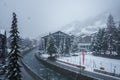 Winter Wonderland in Zermatt, Switzerland Red Train Through Snowy Alpine Town Royalty Free Stock Photo