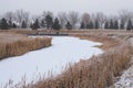 Snow covering icy fishing lake