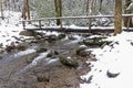 Snow covers a foot log and a small stream in the Great Smoky Mountains. Royalty Free Stock Photo