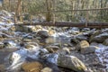 Snow covers a footlog and a small stream in the Great Smoky Mountains. Royalty Free Stock Photo