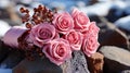 Among the snow desert, bright roses are like picturesque paintings that revive the winter landsc