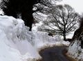 Snow drifts, sculptured, Welsh country lane