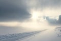 Snow dunes panorama during blizzard. White and empty frozen scenic imaginary landscape. Generative AI