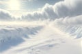 Snow dunes panorama during blizzard. White and empty frozen scenic imaginary landscape. Generative AI