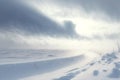 Snow dunes panorama during blizzard. White and empty frozen scenic imaginary landscape. Generative AI