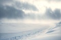 Snow dunes panorama during blizzard. White and empty frozen scenic imaginary landscape. Generative AI