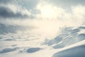 Snow dunes panorama during blizzard. White and empty frozen scenic imaginary landscape. Generative AI