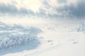 Snow dunes panorama during blizzard. White and empty frozen scenic imaginary landscape. Generative AI