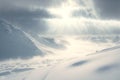 Snow dunes panorama during blizzard. White and empty frozen scenic imaginary landscape. Generative AI