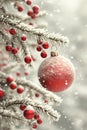 Snow Dusted Red Christmas Ornament Hanging on a Frosted Pine Branch in Wintertime Created With Generative AI Technology Royalty Free Stock Photo