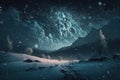 Snow falling and big avalanche coming in the distance at night. Royalty Free Stock Photo