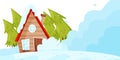 Snow falling down on living house. Avalanche disaster. Winter landscape. Natural catastrophe. Flat vector design