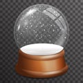 Snow falling glass ball highlight wooden stand 3d realistic transparent background template vector illustration Royalty Free Stock Photo