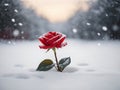snow falling over frozen red rose flower in winter landscape valentines day background with copy space