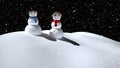 Snow falling over snowman and snowwoman on winter landscape against black background